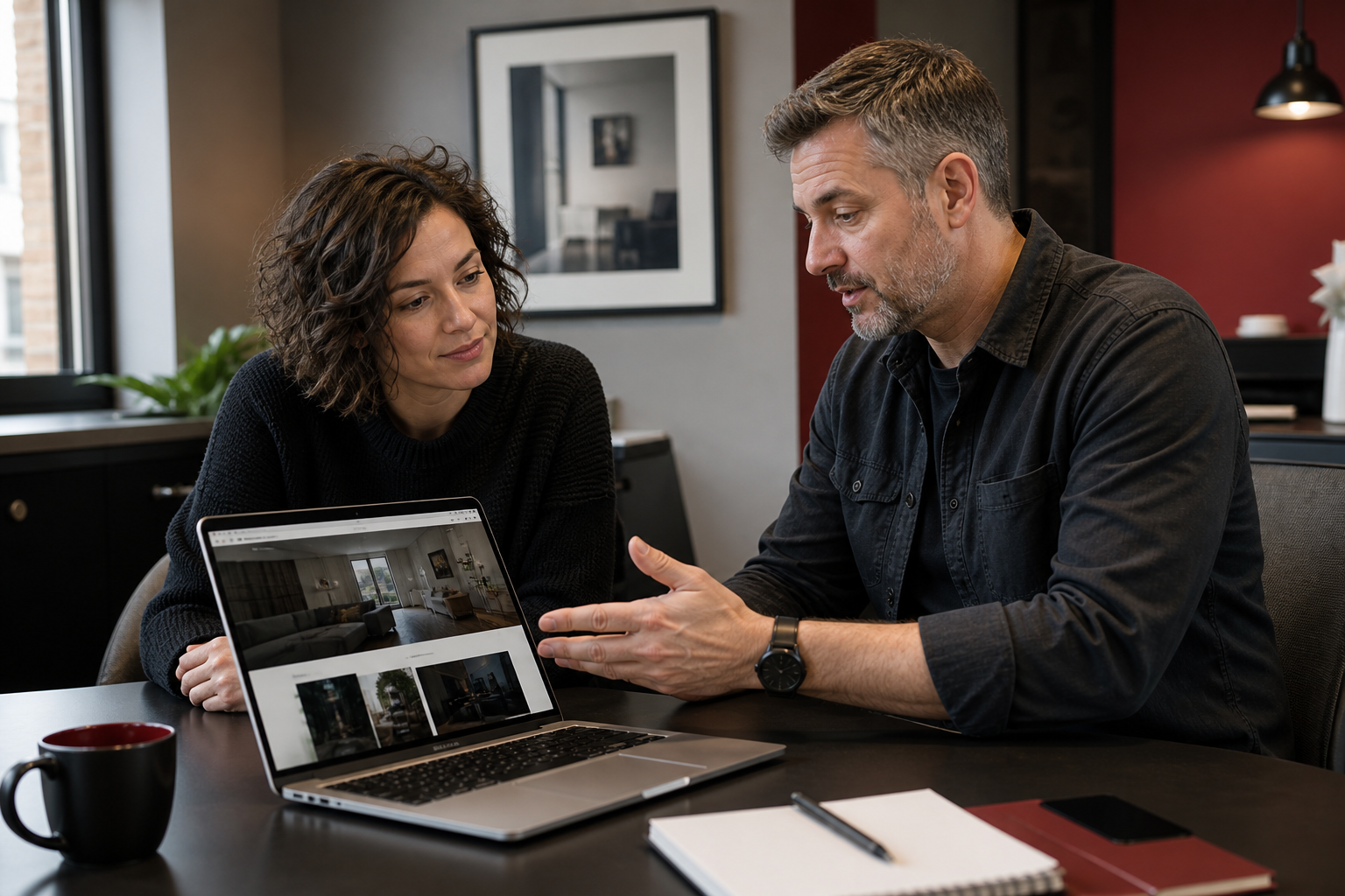 A business owner and web designer reviewing a new website together